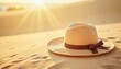 © Nadezhda - Stylish straw hat with a brown ribbon resting on warm sand in bright summer sunlight