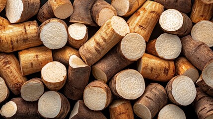 Wall Mural - Freshly cut cassava tubers displayed in close-up view