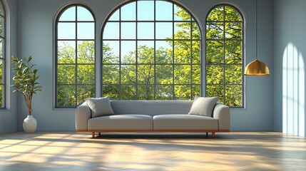 Wall Mural - Light room, couch, large windows.