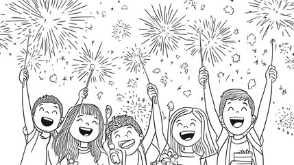 Group of cheerful kids holding sparklers with fireworks lighting up the night sky, fun cartoon illustration designed for children's coloring pages