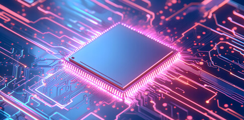 Wall Mural - AI semiconductor chip with neon effect on a tech circuit background, rendered in glowing lines with a blue and purple color palette, symbolizing dvanced artificial intelligence and technology.