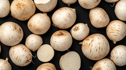 Wall Mural - Fresh white turnips on black background