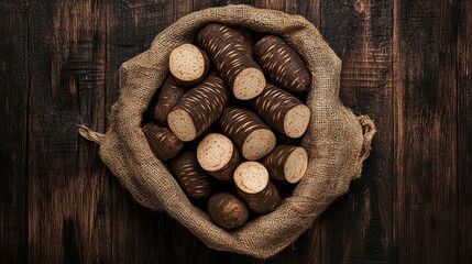 Wall Mural - Burlap sack filled with fresh whole and sliced taro roots on dark wooden surface