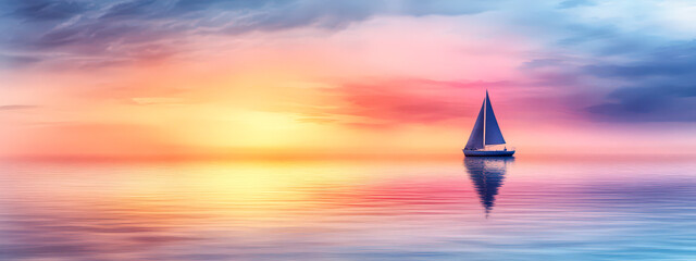 Wall Mural - A sailboat is sailing on a calm sea at sunset