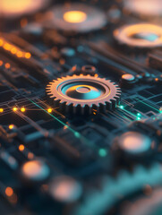 Aufkleber - A close-up of intricate mechanical gears on a circuit board, showcasing a blend of technology and engineering with glowing lights.
