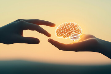 Poster - Two hands reach toward each other, cradling a glowing brain, symbolizing the connection between knowledge and human potential.