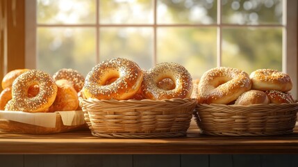 Wall Mural - Freshly baked everything bagels with sesame seeds and poppy seeds for breakfast,bagel sandwich in bakery shop,New York style bagels,Homemade freshly plain,onion bagels,space for text.