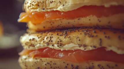 Wall Mural - Freshly baked everything bagels with sesame seeds and poppy seeds for breakfast,bagel sandwich in bakery shop,New York style bagels,Homemade freshly plain,onion bagels,space for text.