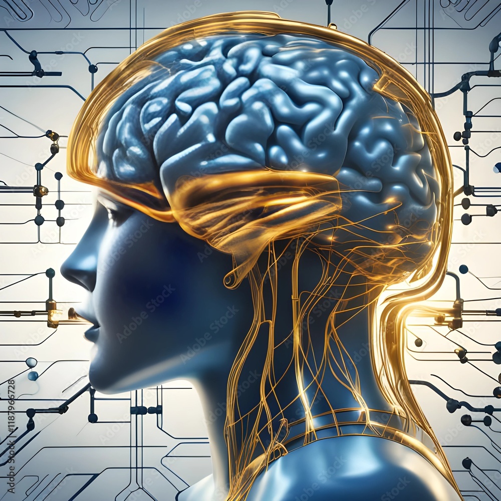 Digital Illustration of Human Head in Profile with Glowing Brain and ...