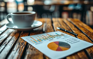 Poster - Coffee break with financial charts and pen on wooden table.