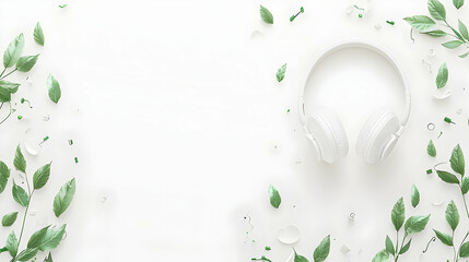 Wall Mural - white headphones amidst green leaves and glass fragments on white background; perfect for music blog