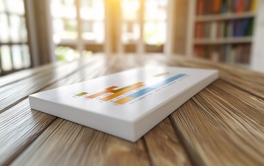 Poster - Book with bar graph data on wooden table.