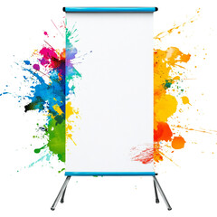 Poster - A blank white roll up banner is showcased against a backdrop of colorful paint splatters ideal for advertising or presentations.