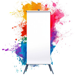 Poster - A blank white roll-up banner stands amidst a vibrant explosion of colorful paint splatters, ideal for showcasing marketing or advertising designs.