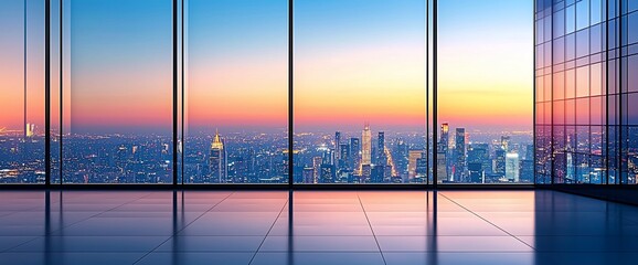 Canvas Print - Empty modern office with panoramic city view at sunset.