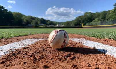 Wall Mural - Baseball on pitcher's mound, sunny field