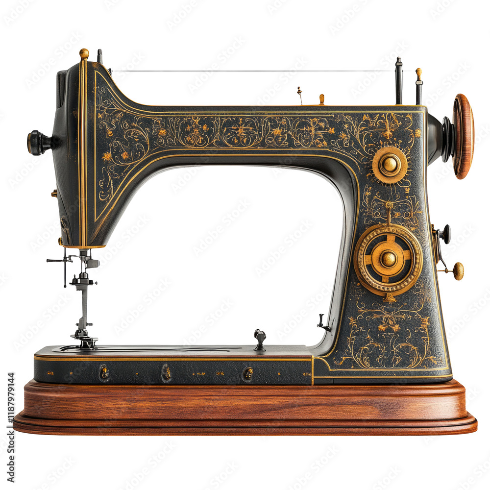 Vintage Sewing Machine Isolated on Transparent Background with Ornate ...