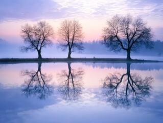Wall Mural - a serene lake with three trees reflected in the water