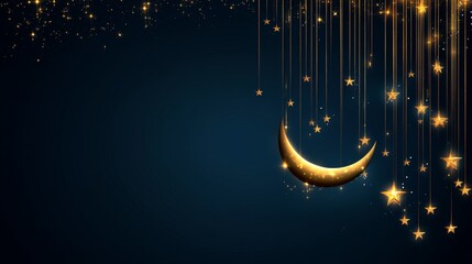 Poster - Enchanting Night Sky with Golden Moon and Twinkling Stars on a Deep Blue Background for Dreamy and Celestial Theme