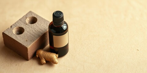 A rustic brown brick with two indentations rests beside a bottle of dark liquid with a blank label and a ginger root on a textured brown background.