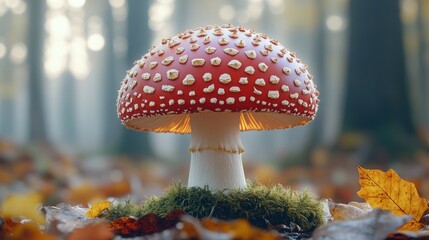 Wall Mural - Red mushroom on moss, autumn forest floor, blurred trees.