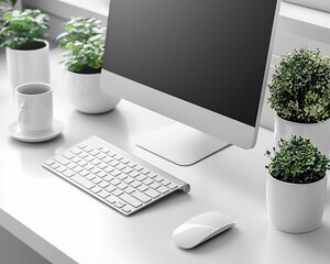 Poster - Minimalist white desk setup with computer, keyboard, mouse, plants, and coffee cup.