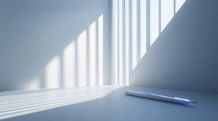 Poster - Minimalist Interior with Soft Light and Shadows Highlighting a Modern Pen on a Smooth Surface, Creating a Serene and Calm Atmosphere in a Contemporary Workspace