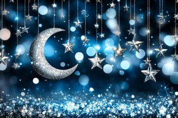 Poster - Shimmering Moon and Stars Illustration with a Sparkling Blue Background for Magical and Enchanting Themes in Design and Decoration.