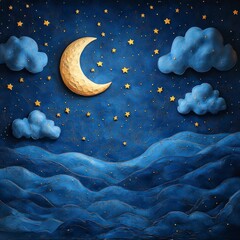 Wall Mural - Night sky with moon, stars, and clouds.