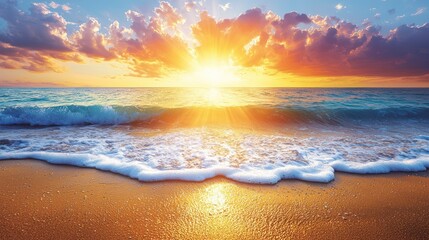 Wall Mural - Ocean waves at sunny sunset.