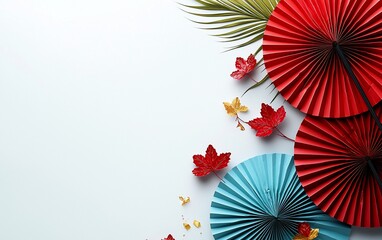 Poster - Red and blue paper fans with autumn leaves on white background.