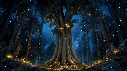 Wall Mural - magical night forest with majestic tree illuminated by glowing fireflies under starry sky