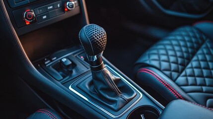 Poster - A car's gear shift in neutral position, surrounded by soft leather upholstery.