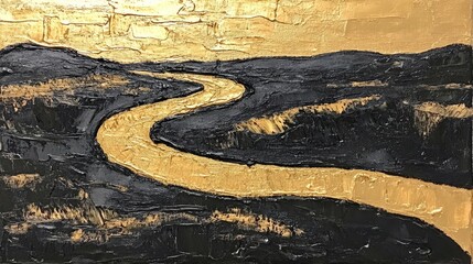 Abstract gold and black river landscape painting with textured hills