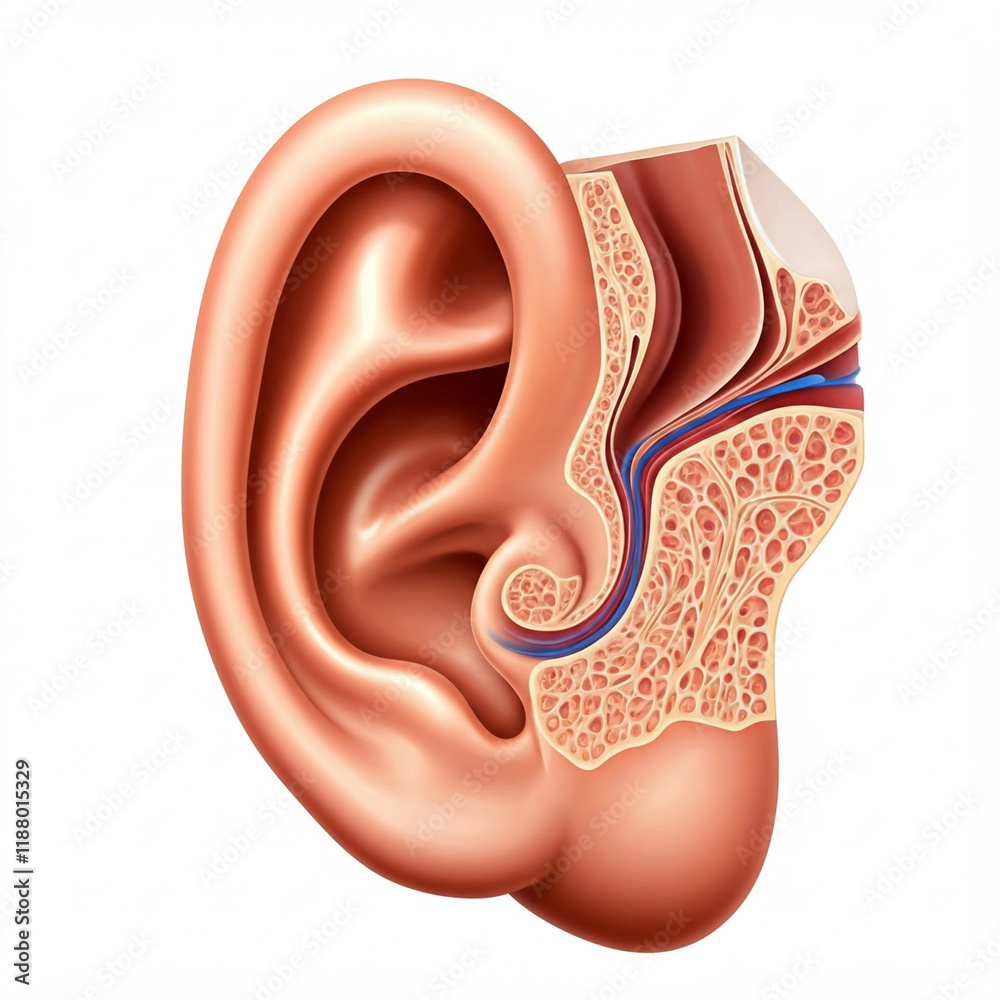 detailed illustration of human ear anatomy with cross section view and ...
