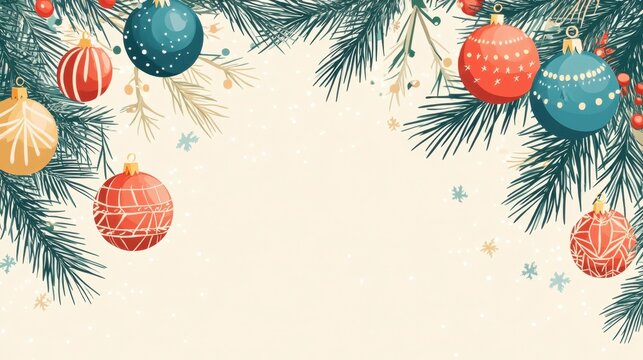 A cheerful vector-style Christmas background with fir branches and colorful ornaments, perfect for holiday-themed designs and marketing content.