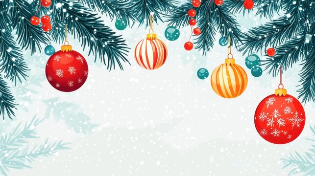 A cheerful vector-style Christmas background with fir branches and colorful ornaments, perfect for holiday-themed designs and marketing content.