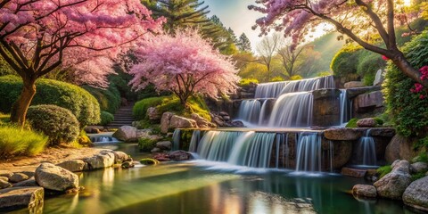 Canvas Print - Tranquil Garden Waterfall River Bloom Minimalist Photography Stock Photo