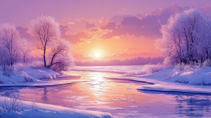 Wall Mural - Serene winter sunset over a snow-covered river landscape