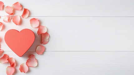 Poster - A close-up of a red heart-shaped gift box surrounded by soft pink rose petals on a white wooden table, with ample copy space for text or design