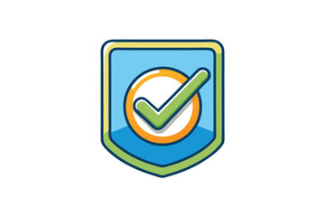 Wall Mural - Cartoon illustration of a verification check mark badge icon in blue and green color scheme for authentication or approval themes