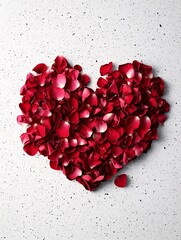 Poster - A heart made from red rose petals on a white textured surface, with a soft gradient shadow and ample copy space around the edges