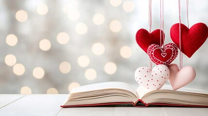 Poster - Soft-focus image of red and pink valentine hearts hanging from strings, dreamy bokeh effect, light airy background, copy space for commercial use