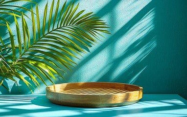 Poster - Empty wooden tray on teal surface with palm frond and sunlight shadows.
