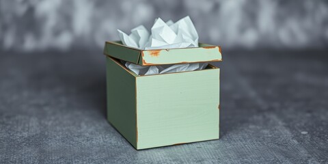 A vintage green box with a white tissue paper lining, revealing a space for a special gift. The weathered paint adds a touch of rustic charm.