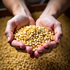 Close-up of wheat grains in hands at mill storage, crops, harvest, rural