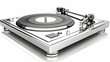 © visual artstock - Chrome turntable spinning vinyl record on white background, studio shot, music production