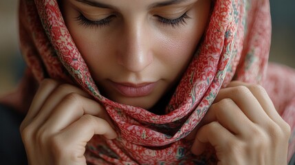 Wall Mural - Woman Gently Holding a Floral Patterned Scarf