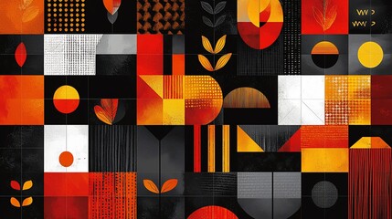 Poster - Abstract geometric autumnal pattern with warm colors and organic elements.