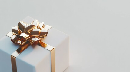 A close-up of a white gift box with a shiny gold ribbon and bow, set against a simple white background, ideal for elegant gift-wrapping concepts.